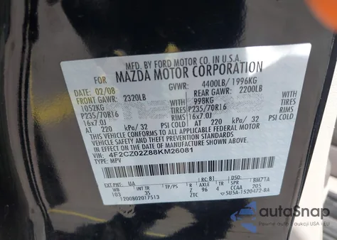 2008 Mazda Tribute I Sport из США, поврежденный, VIN 4F2CZ02Z88KM26081